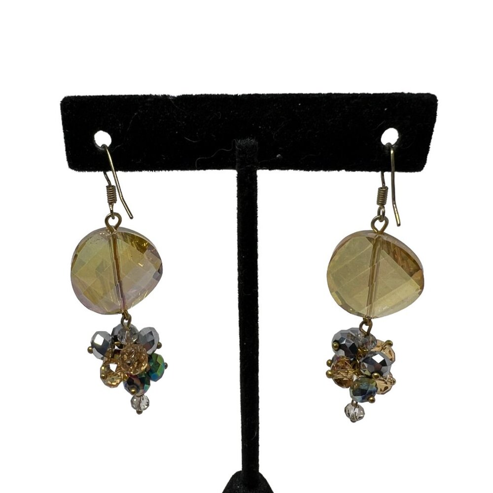 Vintage Earrings Yellow with AB Beaded Drop Dangle Pierced with Wire